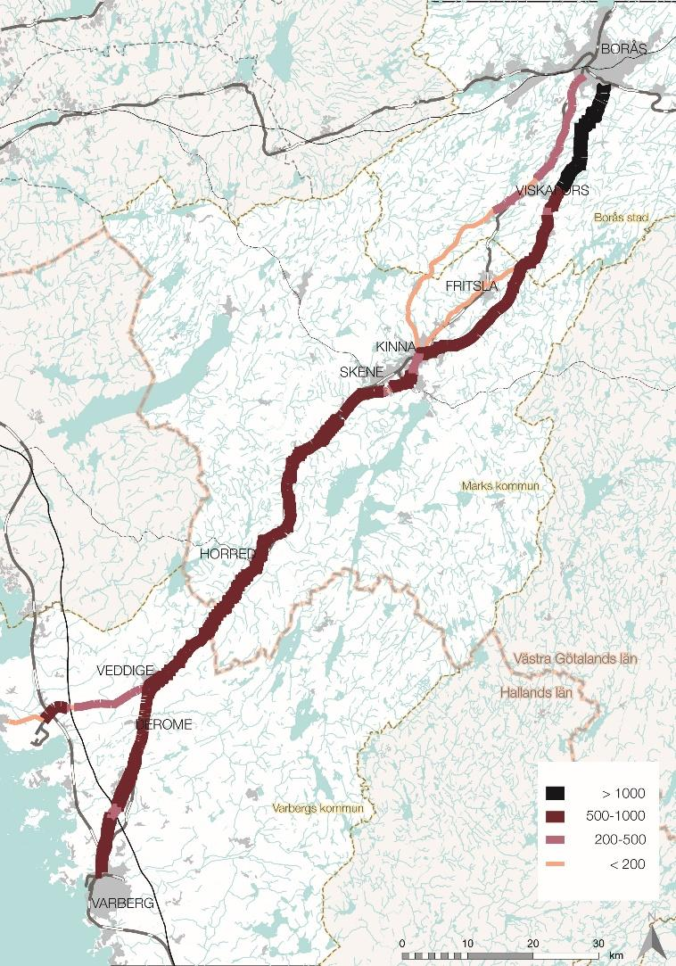 Figur 28: Antal tunga fordon, fordon/dygn, längs väg 41. (Källa: Stigfinnaren och NVDB). 5.8. Trafikmängder Trafikmängden på väg 41 varierar idag till i huvudsak mellan ca 5 000-7 500 fordon/dygn, varav ca 500-1 000 fordon/dygn utgörs av tung trafik, se Figur 28 och Figur 29.