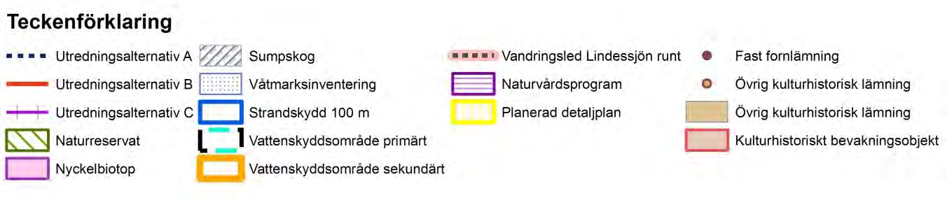 Figur 4. Samtliga kultur-, natur- och samhällsintressen i förhållande till utredda sträckningsalternativ. Karta i A3 i bilaga 2b. 3.