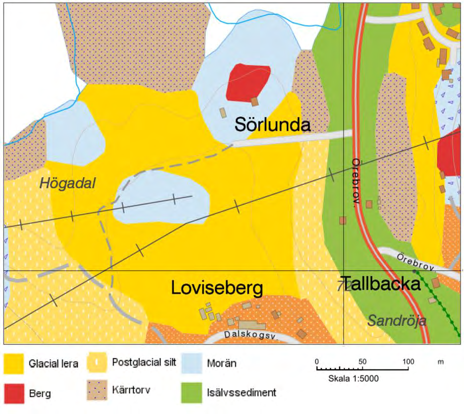 Figur 14. Jordartskata enligt SGU. 5.4.1Hydrogeologisk utredning För att utreda möjligheten att etablera bostäder inom vattenskyddsområdet, enligt förslag till ny detaljplan, har en hydrogeologisk utredning genomförts i området.