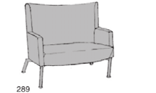 ATD 337 Avvikande sitsdyna, läder. ASD 710 Invito 289, 2-sits Helt överstoppad soffa. Benställning av stålrör i svart (SV) eller silvergrå (G) pulverlack. Glidfot av plast. 289 SV/G tyg priskl.