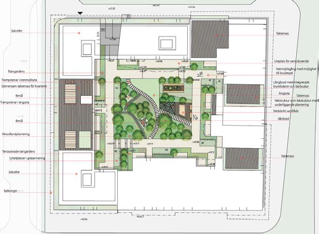 Sidan 100 Planbeskrivning av 187 Nya Gatan, stadshusområdet 40 (43) SAMRÅDSHANDLING Skydd mot buller Den tillkommande bebyggelsen klarar i de flesta fall riktvärdena för buller genom utformning av