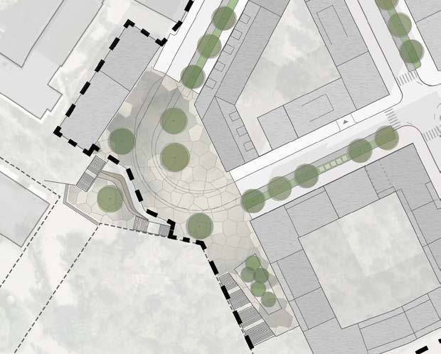 Sidan 81 av Planbeskrivning 187 Nya Gatan, stadshusområdet 21 (43) SAMRÅDSHANDLING TORG Kvarter i angränsande detaljplan Nya gatan - Elverkshuset Illustrationsplan med utsnitt över torget.