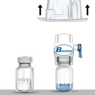 Vänd på systemet (så att flaskan med färdigberedd lösning hamnar överst). Dra in den färdigberedda lösningen i sprutan genom att sakta dra ut kolven (Fig. E). 3. Tag loss sprutan. 4.