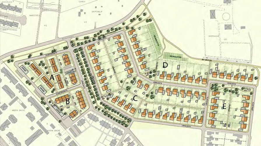 6 UTNYTTJANDEGRAD De två kvarteren väster om infartsgatan (områdena A och B) planeras för radhus och flerbostadshus alternativt förskola, radhus och flerbostadshus.