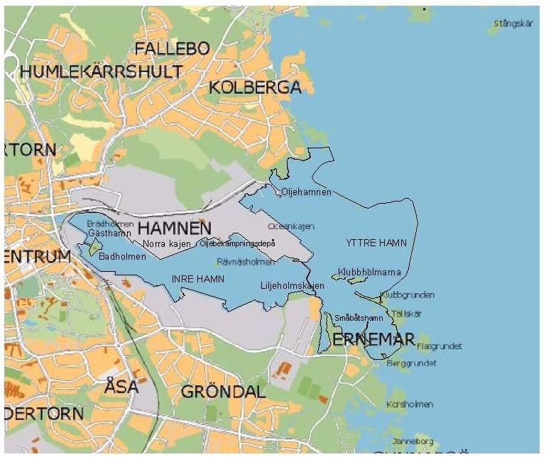 2 OMRÅDESBESKRIVNING 2.1 Hamnområdet 2.1.1 Allmänt Hamnområdet i Oskarshamns hamn består idag av inre och yttre hamnen, se figur 2.1. Inre hamnen omfattar cirka 500 000 m 2 vattenyta och en vattenvolym på cirka 3,4 Mm 3, yttre hamnen cirka 690 000 m 2 vattenyta och 5,4 Mm 3 vattenvolym.