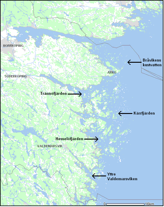 Figur. Översiktskarta över lokalernas lägen i Östergötlands skärgård.