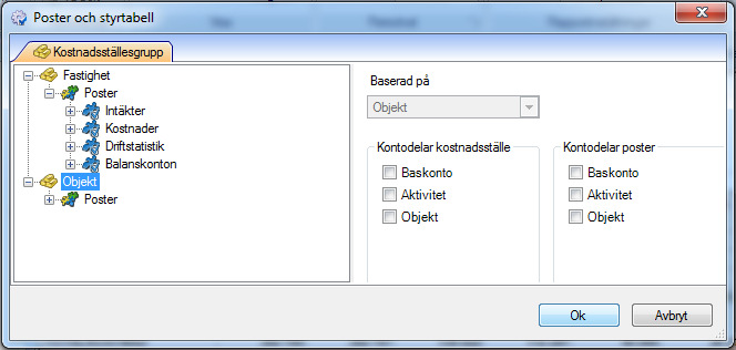 Grunddata Kostnadsfördelning Den vanligaste nivån man arbetar på i Verksamhetsanalys är fastighetsnivån. Man ser normalt inga hyresobjekt i trädet.