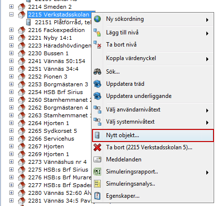 ska ha det nya objektet och klicka på Nytt objekt. Bild 8: Nytt objekt ska skapas i fastighet 2215.