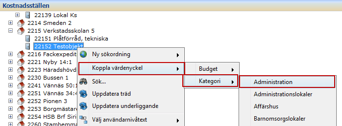 Högerklicka på objektet och för muspekaren över menyn Koppla värdenyckel. För sedan muspekaren ut till höger och för den över önskad värdenyckelgrupp.