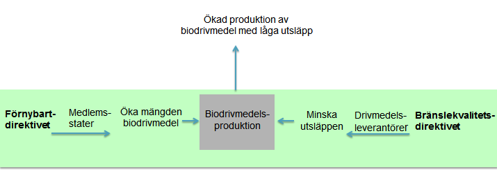 Figur 4. Illustration av hur Förnybartdirektivet och Bränslekvalitetsdirektivet fungerar tillsammans. Källa: Ahlgren, 2012, 7.