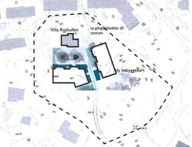 Figur 2. Översiktkarta över förslag på ny bebyggelse inom undersökningsområdet samt befintliga bebyggelse (Villa Roskullen). 2 Geotekniska undersökningar 2.