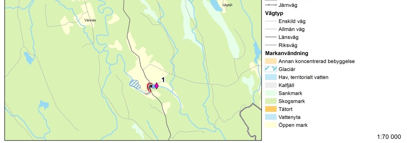 Punkt 1 visar ett område i Agnäs där översvämningar inträffar ibland och där bland annat källare har drabbats. Till exempel inträffade översvämningar våren och hösten 2009.