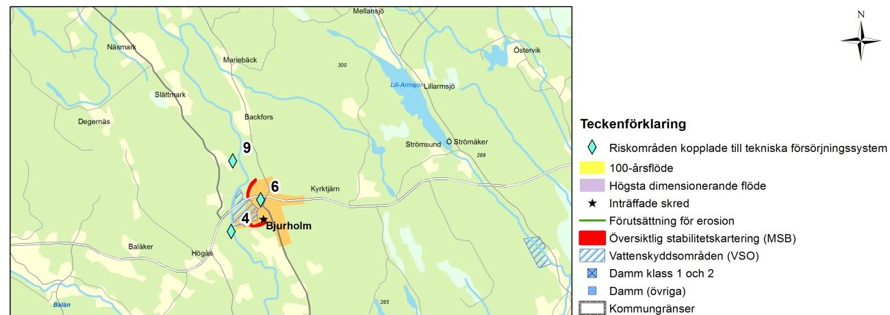 Avloppsreningsverket i Bjurholm ligger ca 400 meter nedströms vattenverket längs Öreälven. Både reningsverket och vägen dit ligger inom område för översvämningsrisk. Resultat från workshop Figur 22.