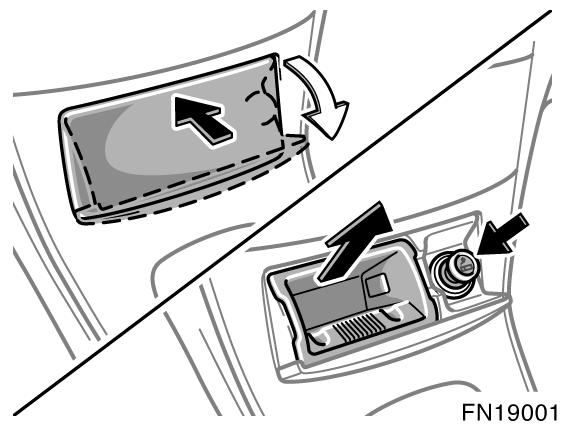 228 ÖVRIG UTRUSTNING Cigarettändare och askkoppar Cigarettändare och askkopp, fram ASKKOPPAR Fram Tryck på locket när du vill använda askkoppen.