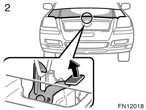 Ställ dig framför bilen, drag upp spärren och lyft upp huven.