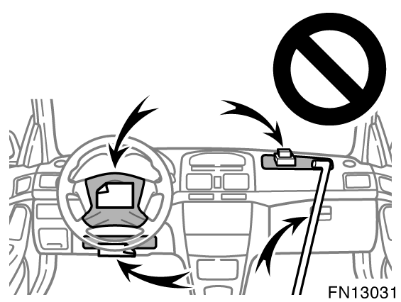 Lägg inga föremål eller delar av kroppen på eller framför instrumentbrädan, vid instrumentpanelens nedre del eller framför den del av rattdynan som innehåller krockkudden.