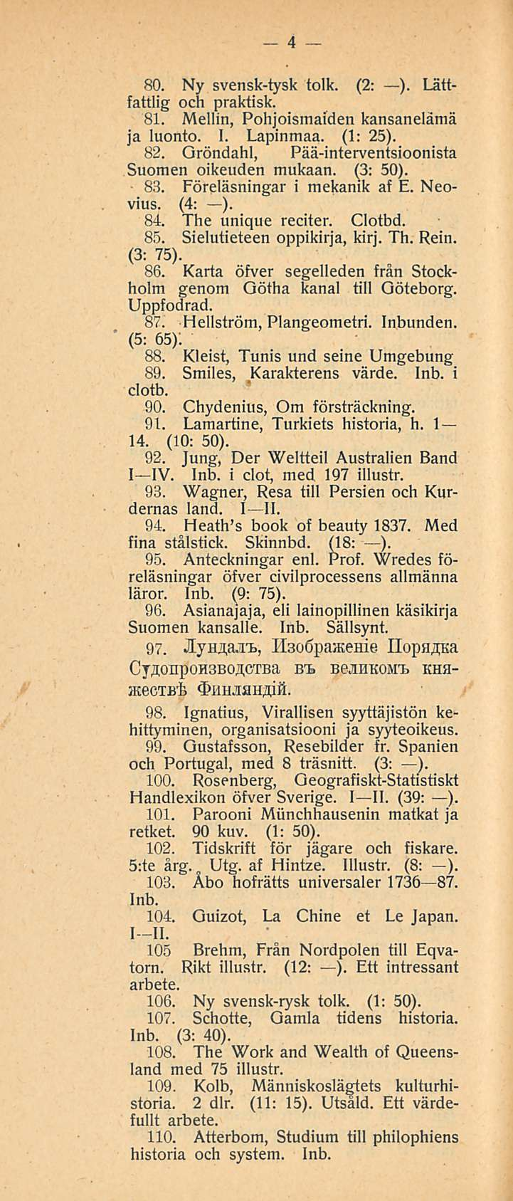4 80. Ny svensk-tysk tolk. (2: ). Lättfattlig och praktisk. 81. Mellin, Pohjoismaiden kansanelämä ja luonto. I. Lapinmaa. (1: 25). 82. Gröndahl, Pää-interventsioonista Suomen oikeuden mukaan. (3; 50).