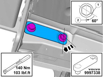 Dra åt skruvarna växelvis på båda sidorna. 21 Åtdragning av skruvförband Momentdrag skruvarna med 140 Nm (103 Ibf.ft.) och vinkeldra till 60. Använd verktyg art.nr.9997338 för bättre åtkomst.