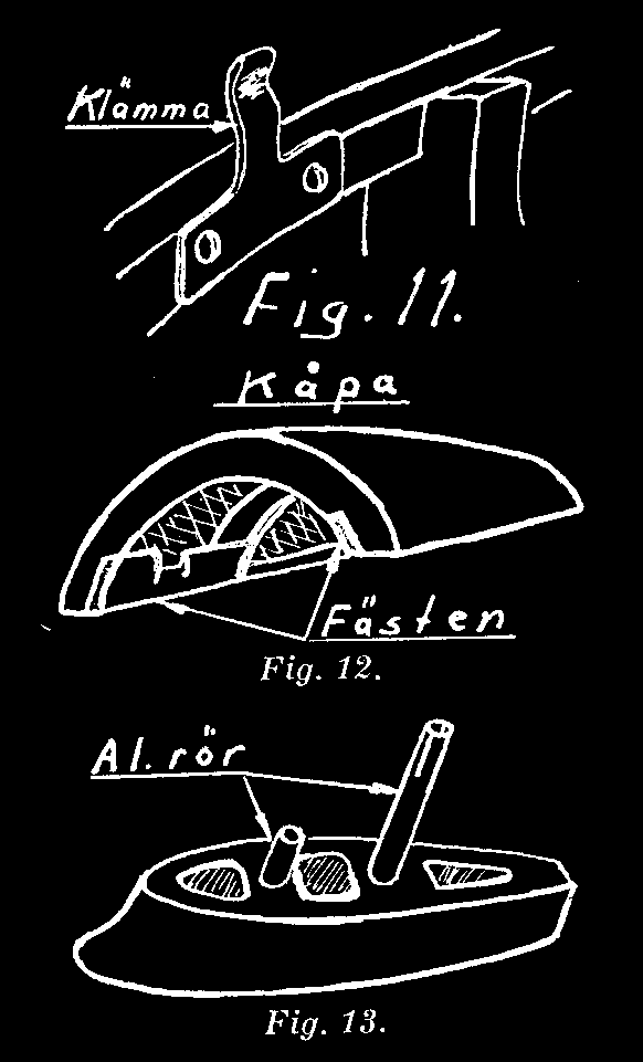 Det längre aluminiumröret är upptill tudelat och försett med en fjäderanordning av 0,5 mm pianotråd. Se fig. 14. Denna fjäder låser fast stjärtpartiet, då den når över en plywoodsprygel inuti fenan.