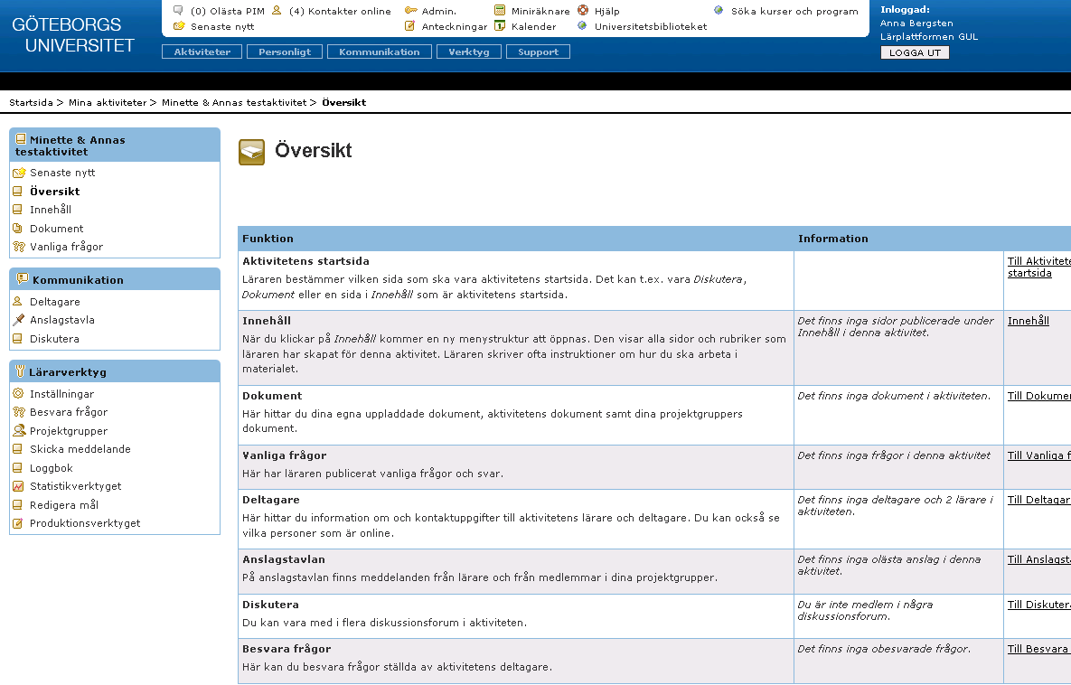 5 Mina aktiviteter (= kurser) Du går in i någon av dina aktiviteter via funktionsmenyn Aktiviteter överst på sidan (se avsnitt 4.3.