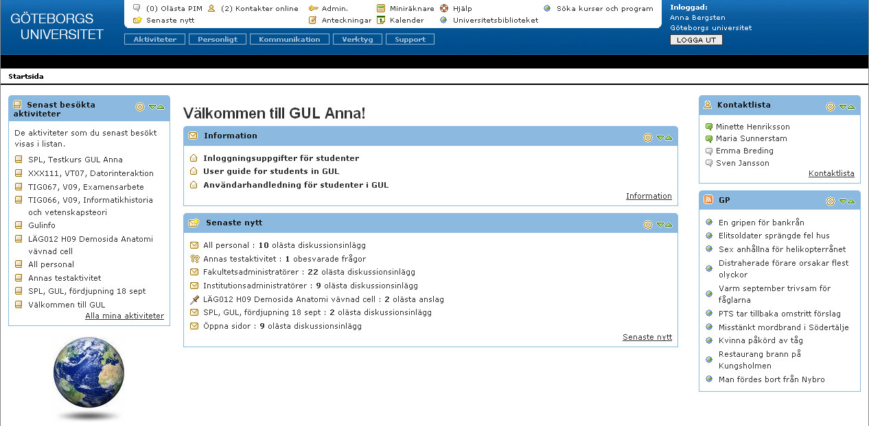 3 Kom igång med GUL När du loggar in i GUL kommer du till Startsidan som håller samman de olika delarna i GUL.