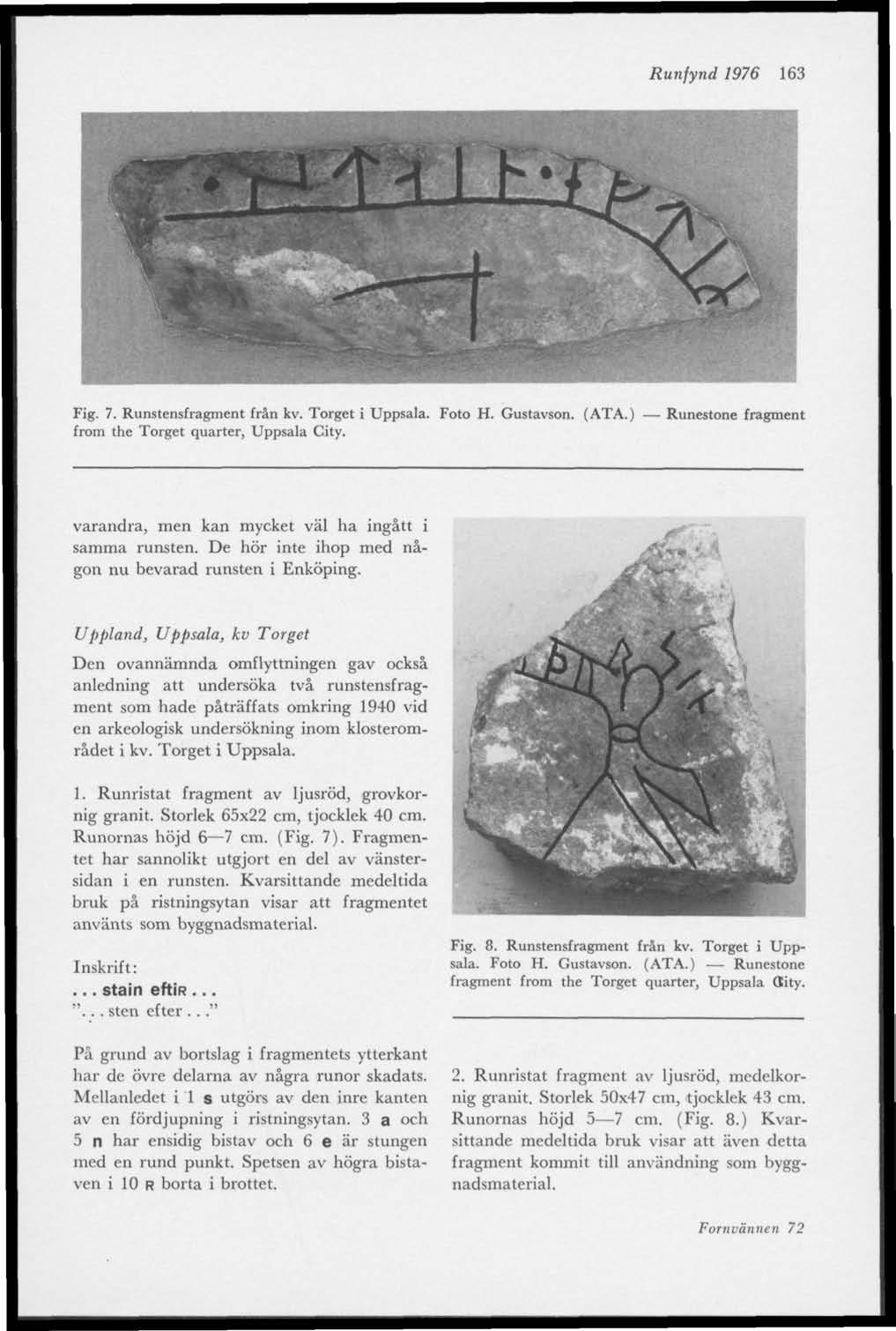 Runfynd 1976 163 Fig. 7. Runstensfragment från kv. Torget i Uppsala. Foto H. Gustavson. (ATA.) Runestone fragment from the Torget quarter, Uppsala City.