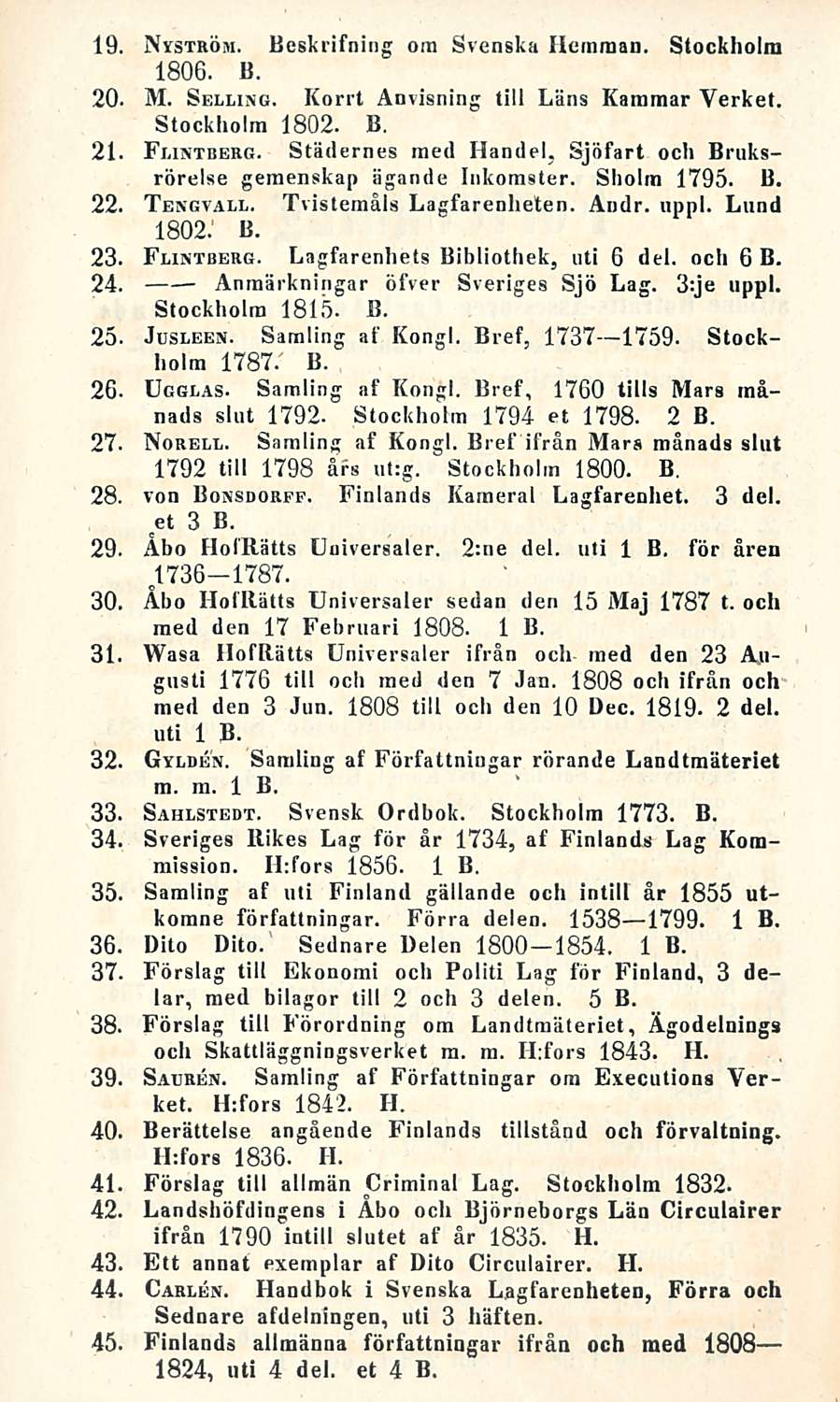 2 Nyström. Beskrifning ora Svenska fieraraan. Stockholm 1806. 11. 20. M. Selling. Korrt Anvisning tili Läns Kammar Verket. Stockholm 1802. B. 21 Flintbbrg.