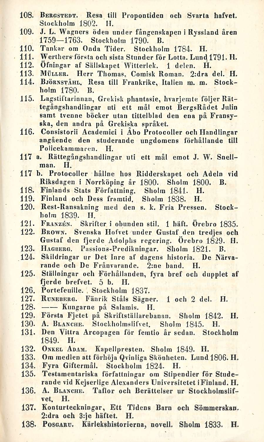 108. Bergstedt. Resa tili Propontiden och Svarta hafvet. Stockholm 1802. H. 109- J. L. Wagners öden iinder fångenskapen i Ryssland ären 1759 1763. Stockholm 1790. B. 110. Tankar ora Onda Tider.