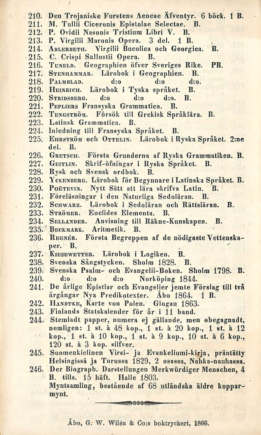 8 Den Trojaniske Furstens Aeneae Äfventyr. 6 böck. 1 B. 211. M. Tullii Ciceronis Epistolae Selectae. B. 212. P. Ovidii Nasonis Tristiura Libri V. B. 213. P. Virgilii Maronis Opera. 3 del. 1 B. 214.