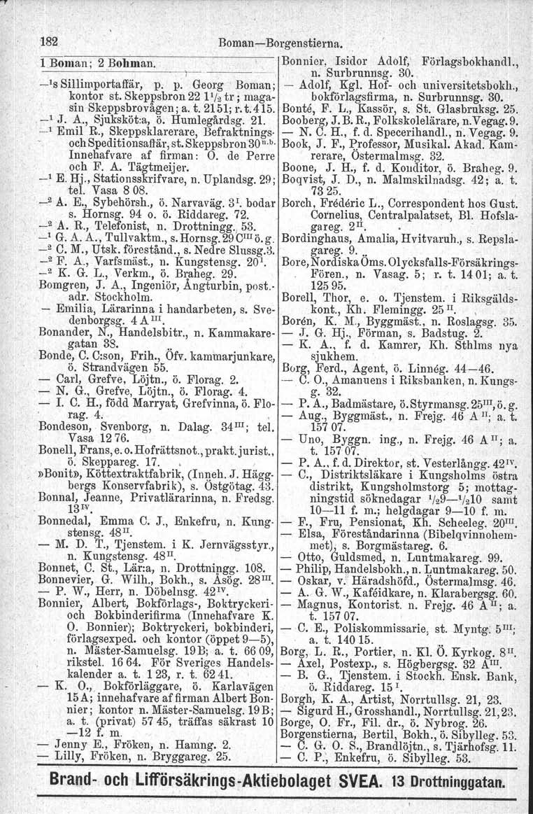 '182 BomanBorgenstierna. 1~Boman; 2 Bohman. ~~i Bonnier, Isidor Adolf,' Förlagsbokhandl., n. Surbrunnsg. 30., _IS Sil limportaffär, p. p. Georg Boman; ~ Adolf, Kgl. Hof och universitetsbokh.