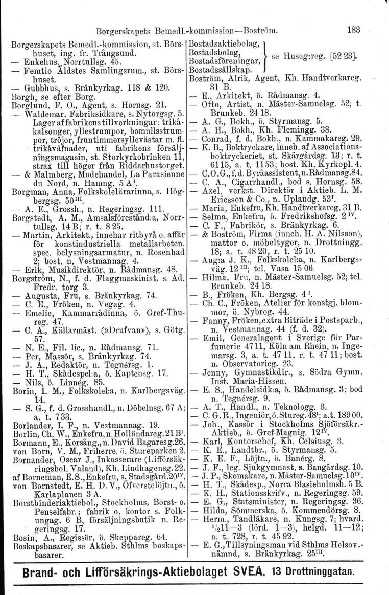 l Borgerskapets BemedI. kommissionbost1 öm. 183 Borgerskapets Bemedl.kommission, st. Börshuset, ing. fr. Trångsund. Bostadsaktiebolag, Enkehus.j Norrtullsg. 45. Femtio AIdstes Samlingsrum., st. Börshuset. Gubbhus, s.