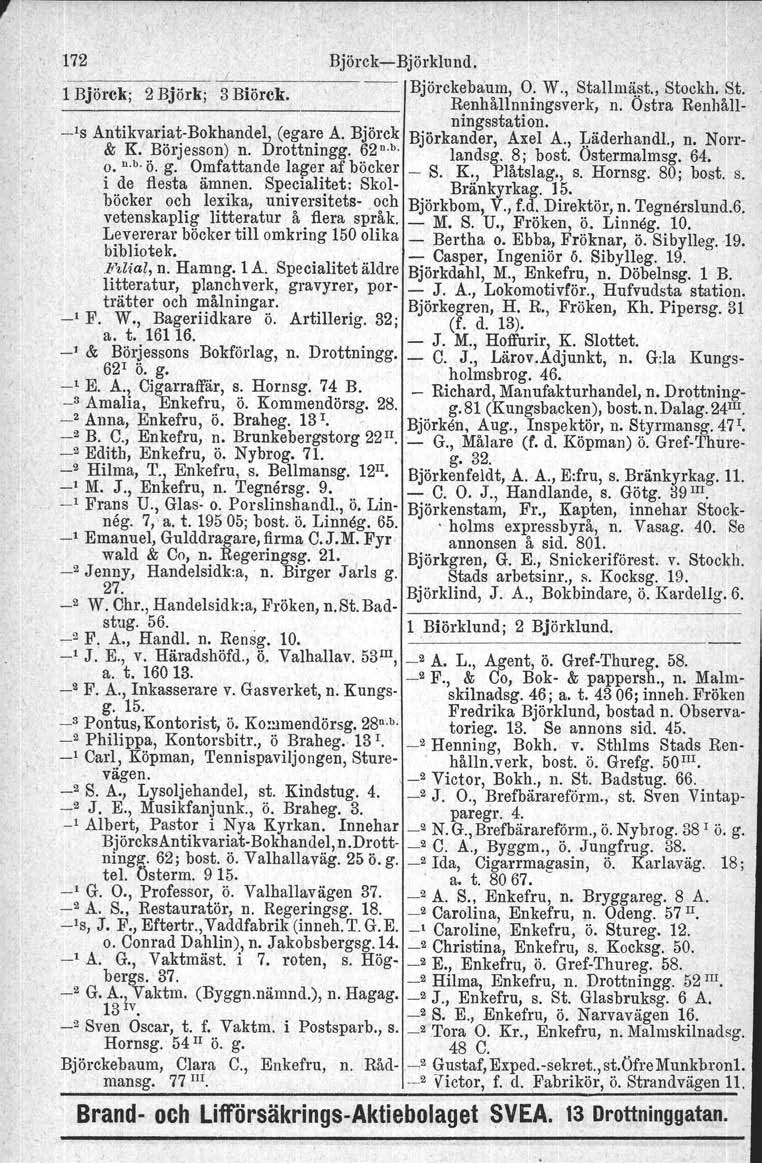 ,. 172 BjörckBjörklund. ( l Björck; 2 Björk; 3 Biörck. Björckebaum, O. W., Stal lmäst., Stockh. St. Renhållnningsverk, n. Östra Renhåll _.IS Antikvaria~Bokhandel, (egar~ A. Björck ningsstation.