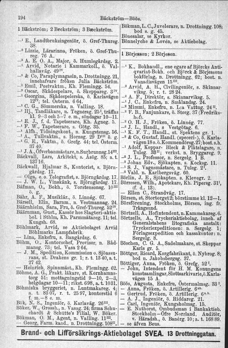 194 Bäckström Böös. 1 Bäckström; 2 Beckström ; 3 Breekström. Bökman,L. C., Juvelerare, bod s. g. 45. ) n. Drottningg.108; Bönesalar, se Kyrkor. _1 E., Landtbruksingeniör, 38. ö. GrefThureg.