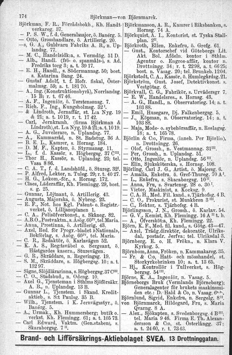 r 174 "Björkmanvon Björnrnarek. Björkman, F. R., Förrådsbokh., Kh. Handt Björkmanson, A. R., Kamrer i Riksbanken, s.. verkateg. 37. Hornsg. 74 A. P. S. W., f. d. Generalmajor, ö. Banärg. 5.