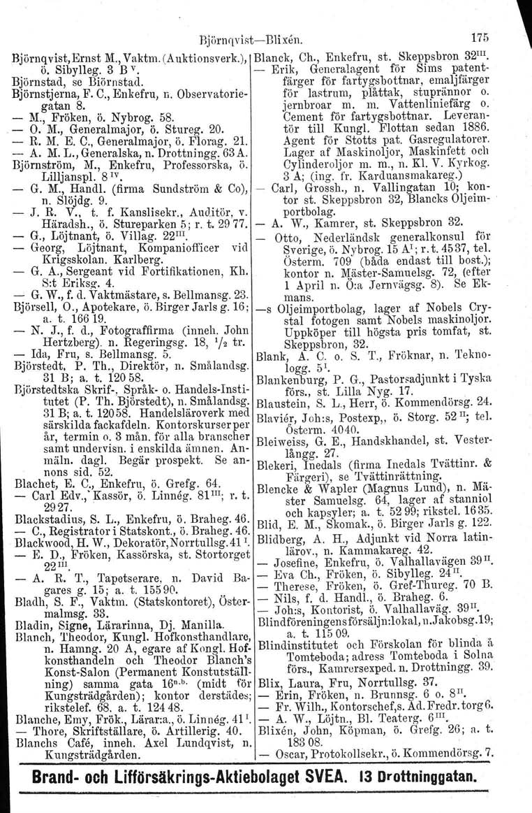 BjömqvistsBli ren. 175 Björnqvist, Ernst M., Vaktm. (Auktionsverk.), Blanck, Ch., Enkefru, st. Skeppsbron 32 III. ö. Sibylleg. 3 B v. Erik, Generalagent för Sims patent Björnstad, se Biörnstad.