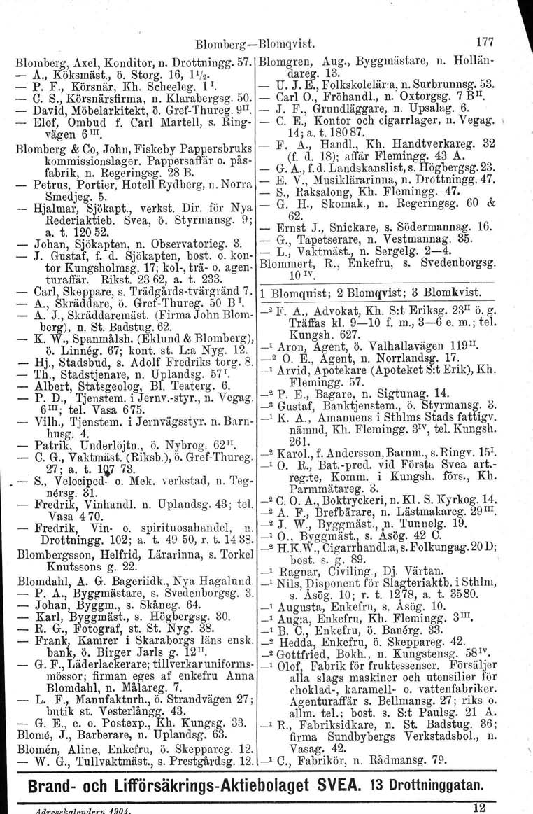 BlombergBlomqviHt. 177 Blomberg, Axel, Konditor, n. Drottningg. 57. Blomgren, Aug., Byggmästare, n. Hollän A., Köksmäst., ö. Storg. 16, }i/2' P. F., Körsnär, Kh, Scheeleg. 1 I. dareg. 13. U. J. E.