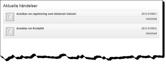 En inskickad ansökan/ anmälan finns antingen under Alla ärenden i vänstermenyn (se ) eller under Aktuella händelser på startsidan (se ).