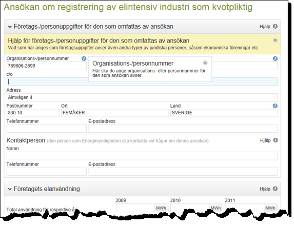 Ett formulär öppnas med de uppgifter som ska fyllas i. Vissa av fälten är ifyllda i förväg.