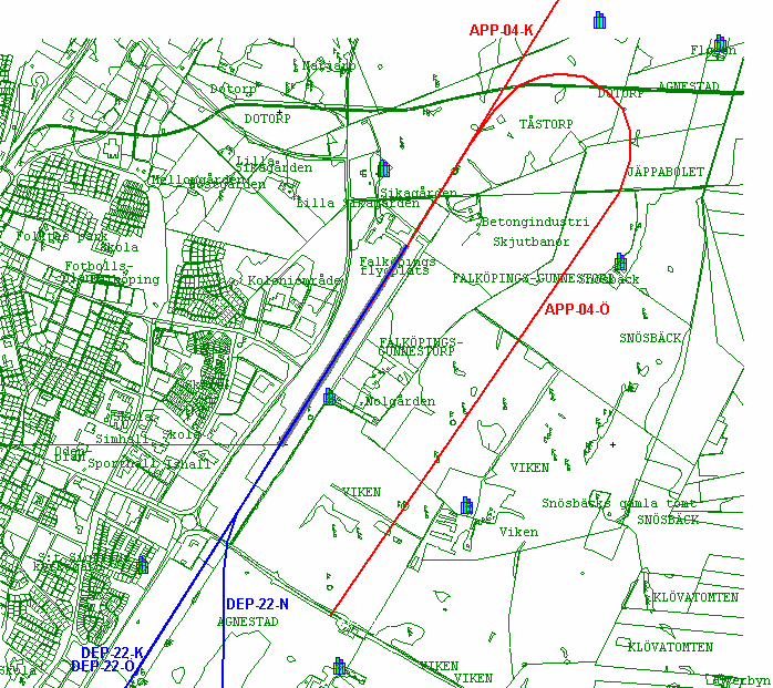 Figur 1. Trafikvarv vid sydvästlig vind, röd linje gäller för landning och blå för start 2.