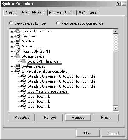 4 Убeдитecь, что [SONY DDX-A1010] отобpaжeно в кaтaлогe [CDROM], [Sony DVD Handycam] - в кaтaлогe [Storage device], a [USB Mass Storage Device] - в кaтaлогe [Universal Serial Bus controllers].