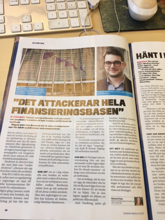 Intervju i Dagens Media i oktober 2016 Mathias Matthiesen, Public Policy Manager IAB Europé Rätt att vägra targeting Samtycken i oändlighet Åka med tåget utan att behöva betala Länk till