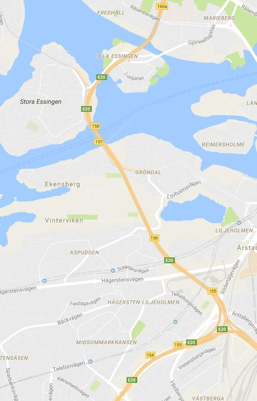 Figur 1. Mätplatserna vid E4/E20, Lilla Essingen (blå prick), Brännkyrka (röd prick) samt Gröndal (svart prick).