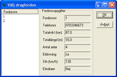 2005-09-04 2.0 21 (29) 14c) Följande ruta visas: Figur 22. Tågrapportering Dragfordon 14d) Välj aktuellt fordon genom markering. 14e) Avsluta med att trycka på OK.