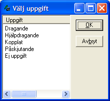 2005-09-04 2.0 22 (29) 18b) Följande ruta visas: Figur 23. Dragfordon Välj uppgift 18c) Markera dragfordonets uppgift och avsluta med OK. 19) Fyll i totalvikten i ton med en decimal.