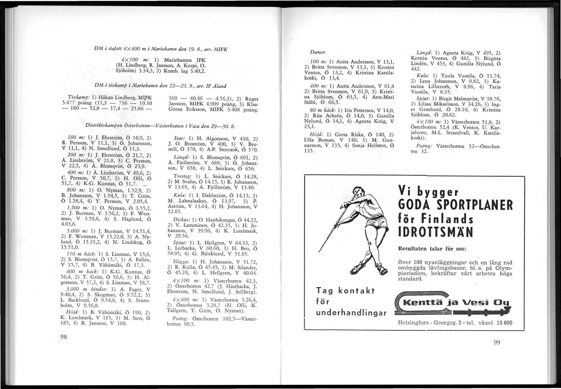 DM i Jtafett 4x400 m i Mariehamn den 19. 8., arr. MIFK 4XI00 m: 1) Mariehamns IFK (H. Lindberg, R. Jansson, A. Korpi, O. Sjöholm) 3.34,3, 2) Komb. lag 3.40,2. DM i tiokamp i Mariehamn den 22-23. 8., arr. IF Aland Tiokamp: 1) Håkan Lindberg, MJ,FK 5.