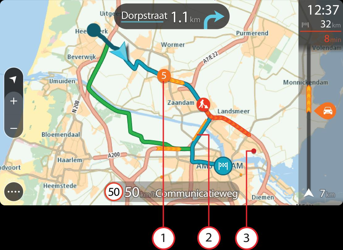 Tips! Välj ett tillbud på kartan för att se mer detaljerad information. 1. Trafiktillbud som påverkar din rutt i din körriktning.