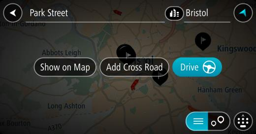 När du väljer en adress i listan med sökresultat kan du välja att visa den på kartan, lägga till en korsning eller planera en rutt till den valda platsen.