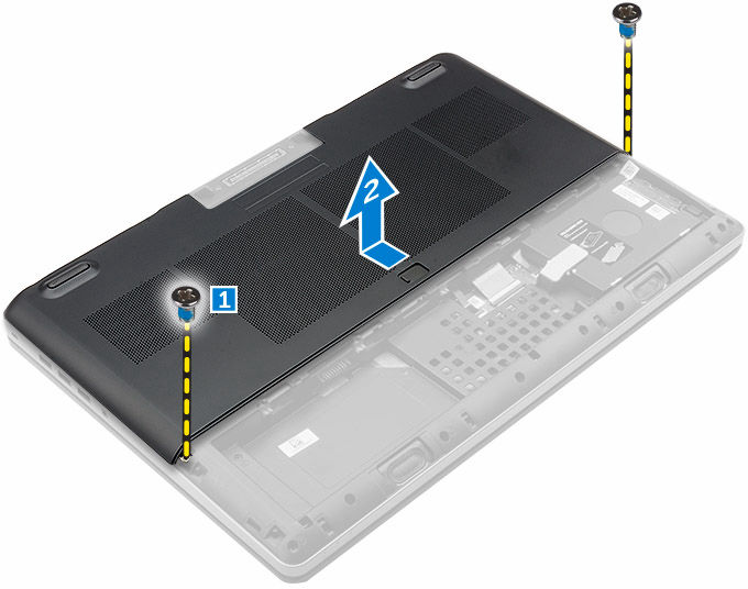 Installera kåpan 1. Skjut in och placera kåpan så att den passar med skruvhålen på datorn. 2. Dra åt skruvarna som håller fast kåpan i datorn. 3. Installera: a. batteriet b. batterihöljet 4.