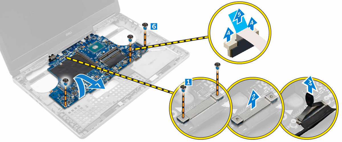 k. M.2-SSD-kortet l. bildskärmskortet m. strömkontaktporten n. handledsstödet o. I/O-kortet (vänster) p. I/O-kortet (höger) q. kylflänsen 3. Utför följande steg som visas i illustrationen: a.