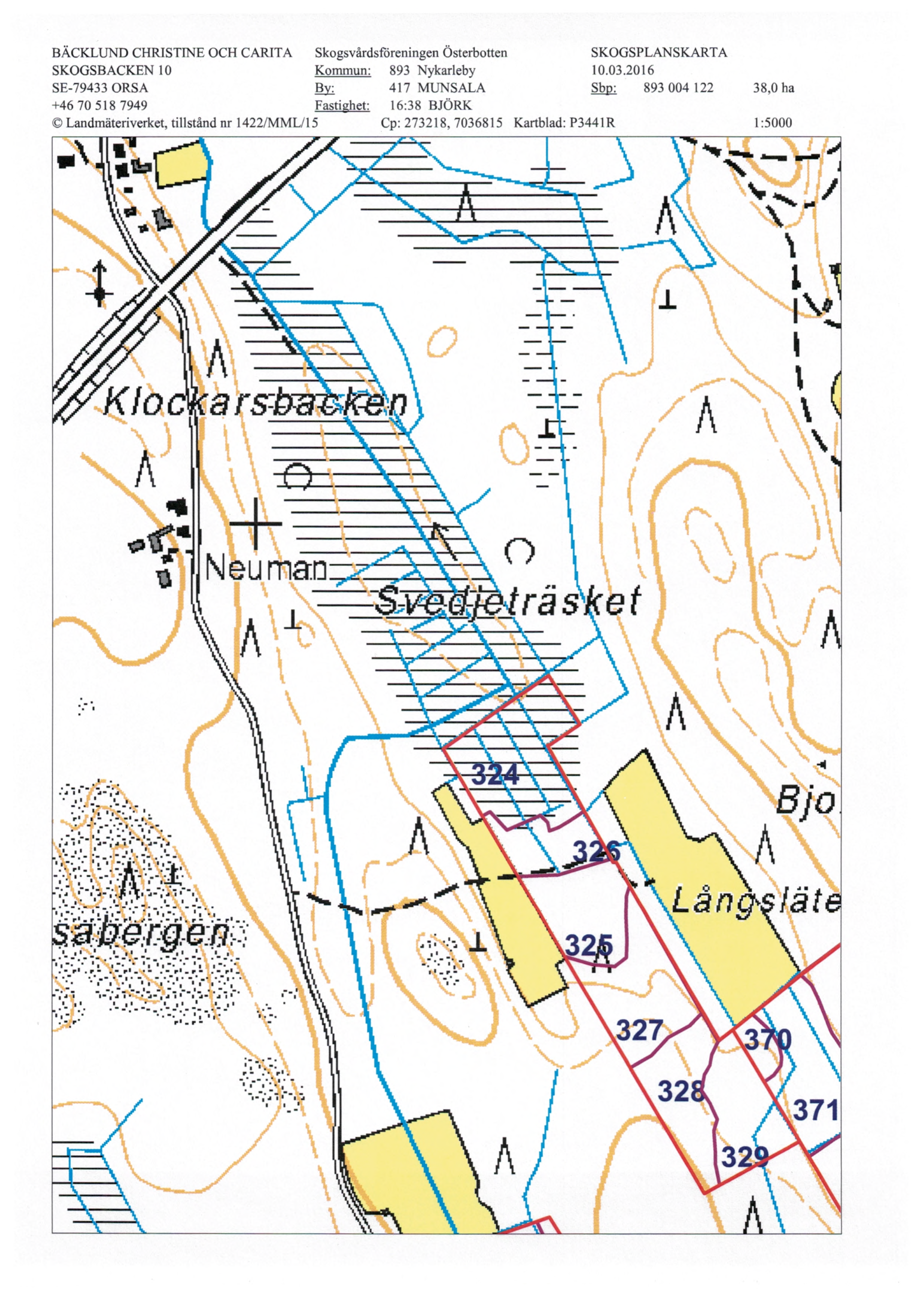 BÄCKLUND CHRISTIN OCH CARITA Skogsvårdsfäreningen Österbotten SKOGSPLANSKARTA SKOGSBACKN 1 Kommun: 893 Nykarleby 1.3.216 S-79433 ORSA RL 417 MUNSALA Sbp.